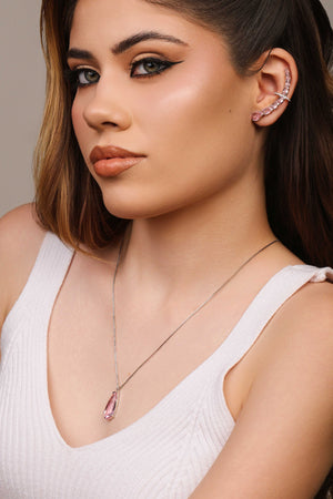 Gargantilha Longa Gota Safira Rosa 2.6 cm Ródio Branco - 60 cm