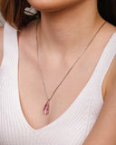 Gargantilha Longa Gota Safira Rosa 2.6 cm Ródio Branco - 60 cm