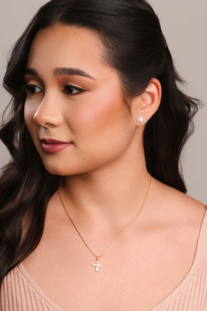 Brinco Flor Baguetes Ponto de Luz Cristal Banhado a Ouro 18K