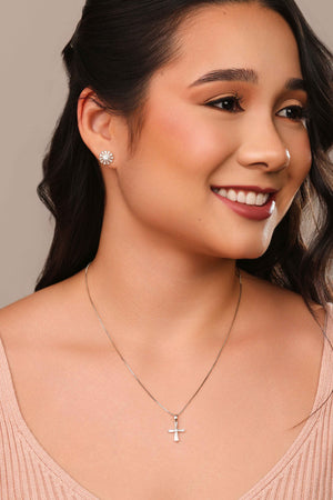 Brinco Flor Baguetes Ponto de Luz Cristal Ródio Branco