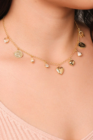 Relicário Coração Medalhas Cravejado Cristal Banhado a Ouro 18K - 40 cm