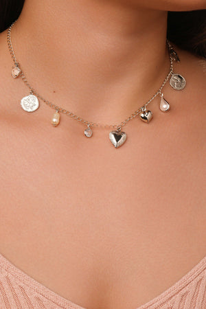 Relicário Coração Medalhas Cravejado Cristal Ródio Branco - 40 cm