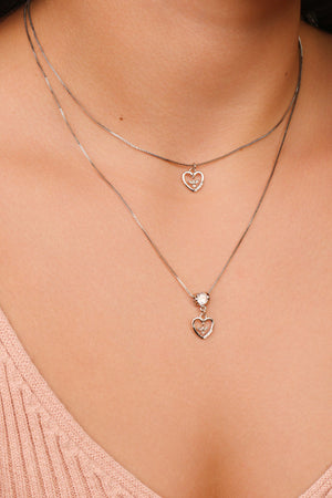 Gargantilha Dupla Corações Espirito Santo Cravejado Cristal Ródio Branco