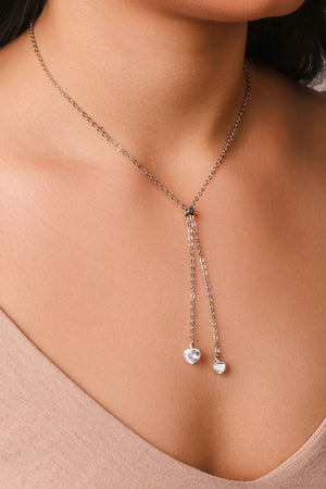 Gargantilha Gravata Elos Corações Cristais Ródio Branco - 50 cm