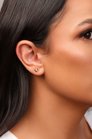 Brinco Duplo Borboleta e Flor Cravejado Cristal Banhado a Ouro 18K