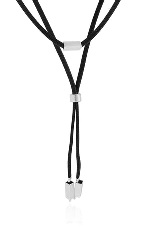 Gargantilha Gravata Dupla Camurça Preta Retângulos Ródio Branco - 30 cm