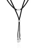 Gargantilha Gravata Dupla Camurça Preta Retângulos Ródio Branco - 30 cm