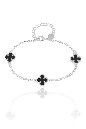 Pulseira Elos Trevos Tom Onix Ródio Branco