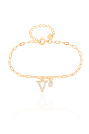 Pulseira Elos Letra V Cravejado Cristal Banhado a Ouro 18K