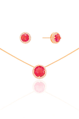 Conjunto Ponto de Luz Rubi Cravejado Cristal Banhado a Ouro 18K