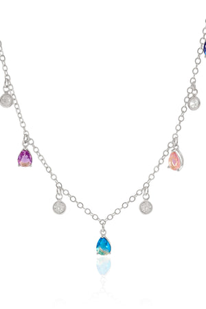 Choker Elos Gotas Coloridas e Pontos de Luz Cristal Ródio Branco