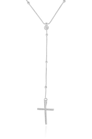 Gargantilha Gravata Bolinhas Cruz Cravejado Cristal Ródio Branco - 45 cm