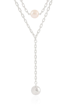 Gargantilha Gravata Dupla Elos Bola e Pérola Ródio Branco