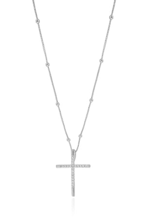 Gargantilha Veneziana Bolinhas Cruz Cravejada Cristal Ródio Branco - 45 cm