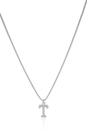 Gargantilha Veneziana Letra T Cravejada Cristal Ródio Branco - 45 cm