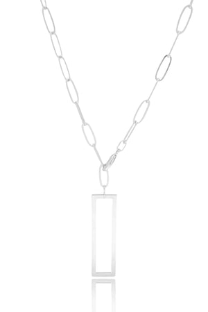 Gargantilha Longa Elos Pingente Retangular Vazado Ródio Branco