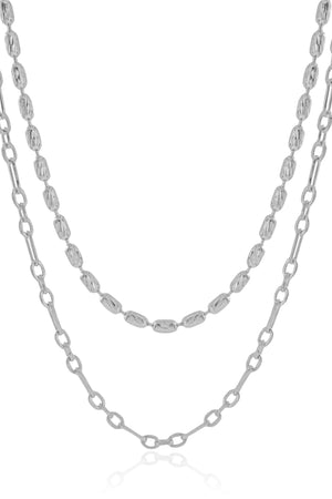 Gargantilha Dupla Elos Canutilhos Ovais com Detalhes Ródio Branco