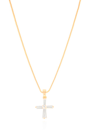 Gargantilha Veneziana Cruz Baguetes Cristal Banhado a Ouro 18K - 45 cm