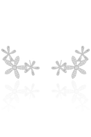 Ear Cuff Flores Cravejado Cristal 2.9 cm Ródio Branco