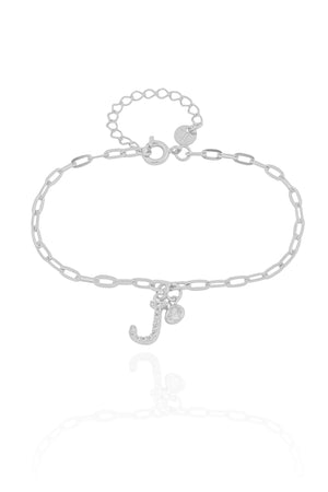 Pulseira Elos Letra J Cravejado Cristal Ródio Branco