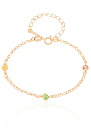 Pulseira Infantil Elos Portugueses Corações Coloridos Banhado a Ouro 18K