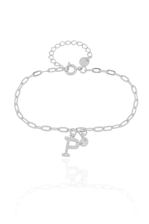 Pulseira Elos Letra P Cravejado Cristal Ródio Branco