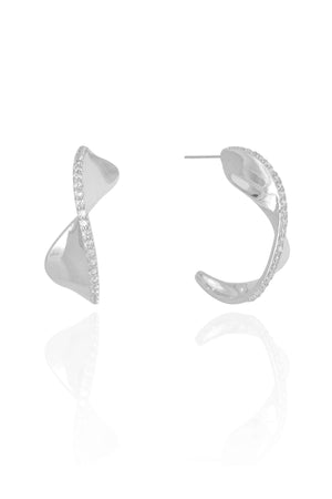 Brinco Argola Torcida Cravejada Cristal 2.8 cm Ródio Branco