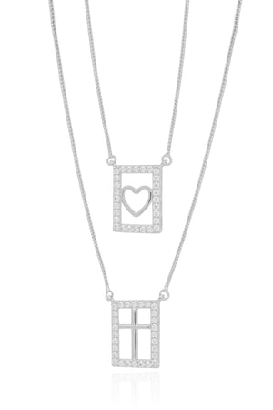 Gargantilha Dupla Cruz Coração Cravejado Cristal Ródio Branco