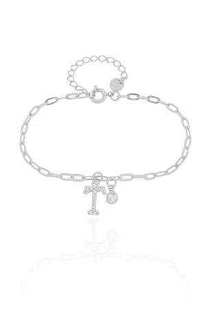 Pulseira Elos Letra T Cravejado Cristal Ródio Branco