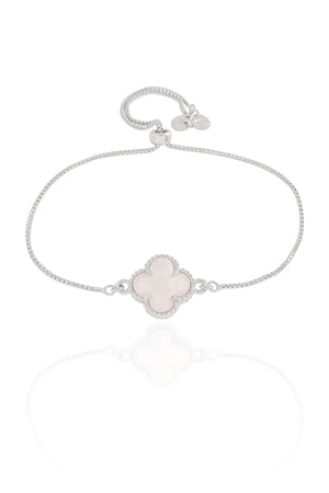 Pulseira Trevo Madrepérola Fecho Gravata Ródio Branco