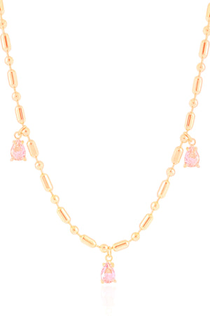 Gargantilha Gomos Gotas Safira Rosa Banhado a Ouro 18K - 40 cm