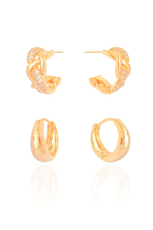 Dupla de Argolas Lisa e Entrelaçada Cravejado Cristal Banhado a Ouro 18K