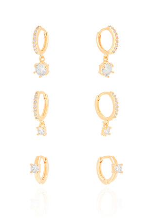 Trio de Argolas Pontos de Luz Cravejadas Cristal Banhado a Ouro 18K