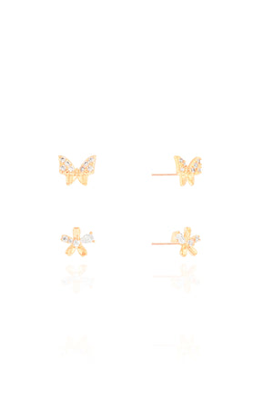 Brinco Duplo Borboleta e Flor Cravejado Cristal Banhado a Ouro 18K
