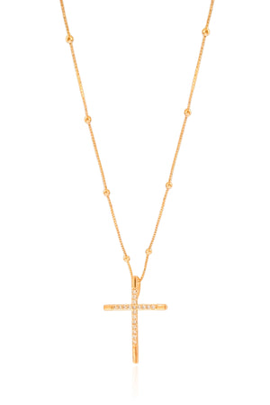 Gargantilha Veneziana Bolinhas Cruz Cravejada Cristal Banhado a Ouro 18K - 45 cm