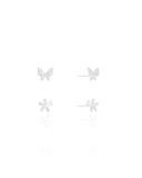 Brinco Duplo Borboleta e Flor Cravejado Cristal Ródio Branco