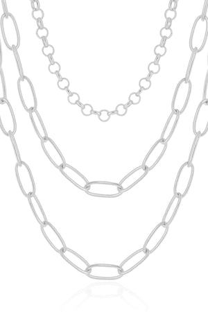 Gargantilha Tripla Elos Ovais e Portugueses Ródio Branco