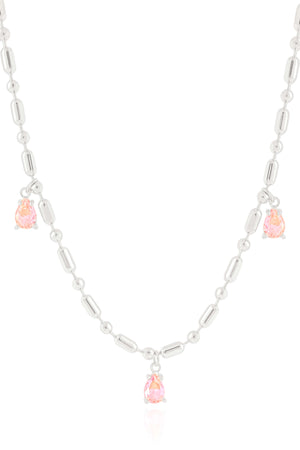 Gargantilha Gomos Gotas Safira Rosa Ródio Branco - 40 cm