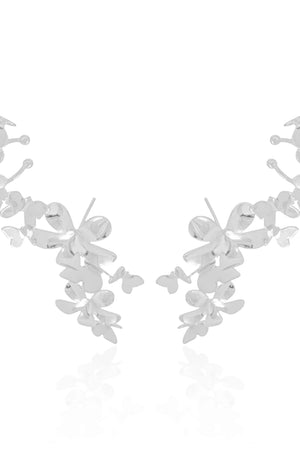 Ear Cuff Flores e Borboletas Ródio Branco
