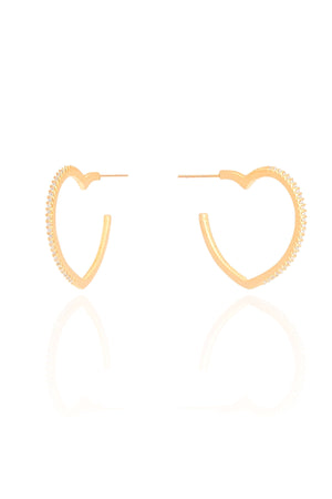 Brinco Argola Coração Cravejado Cristal 2.2 cm Banhado a Ouro 18K