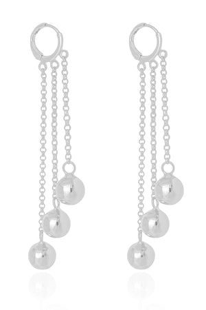 Brinco Argola Click Franjas Bolas Lisas 7.6 cm Ródio Branco