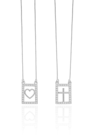 Escapulário Coração Cruz Cravejado Cristal Ródio Branco