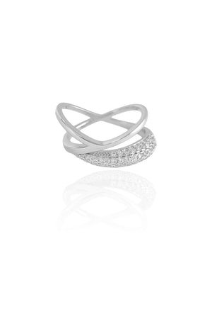 Anel Entrelaçado Cravejado Cristal Tamanho 18 Ródio Branco