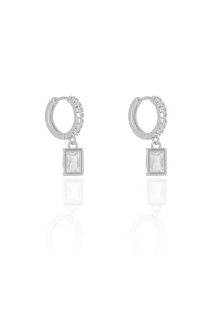 Brinco Argola Click Cravejado Cristal Retângulo 2.2 cm Ródio Branco