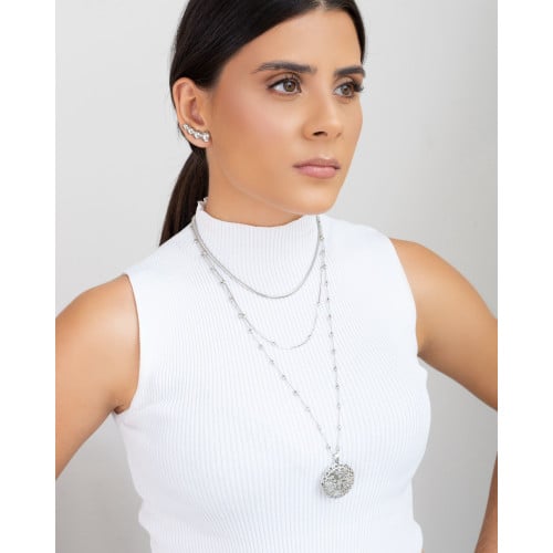 Relicário Longo Estrela Bolinhas Ródio Branco