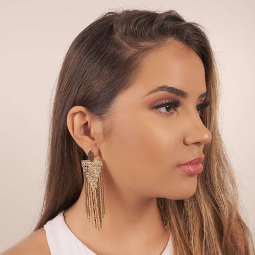 Brinco Base Oval Franja Cravejada Cristal Banhado a Ouro 18K