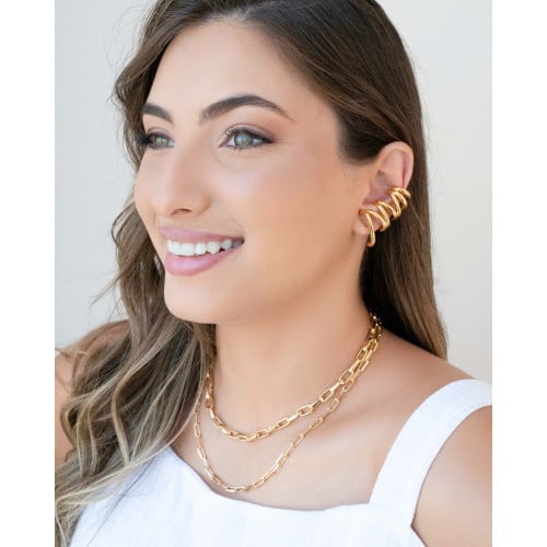 Ear Cuff Duplo 7 Filetes Liso Pressão Banhado a Ouro 18K