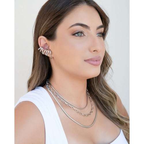 Ear Cuff Duplo 7 Filetes Liso Pressão Ródio Branco