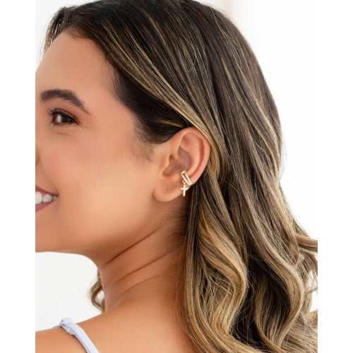 Piercing Cruz Cravejada Cristal Banhado a Ouro 18K