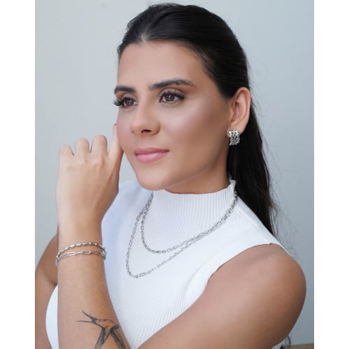 Gargantilha Dupla Elos Canutilhos Ovais com Detalhes Ródio Branco